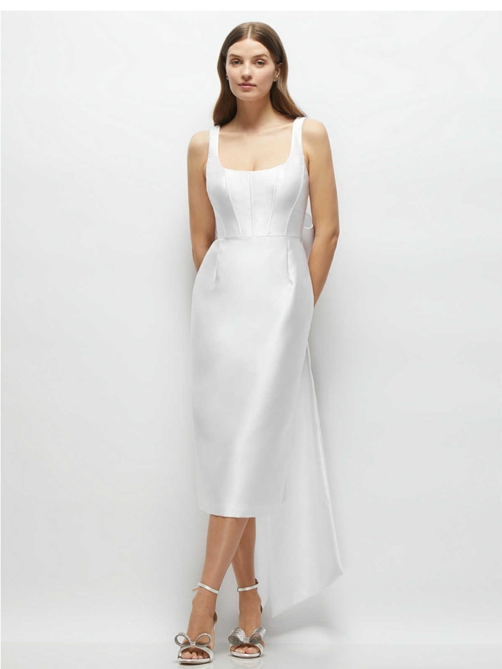 Dessy White Satin dress with over sized back bow